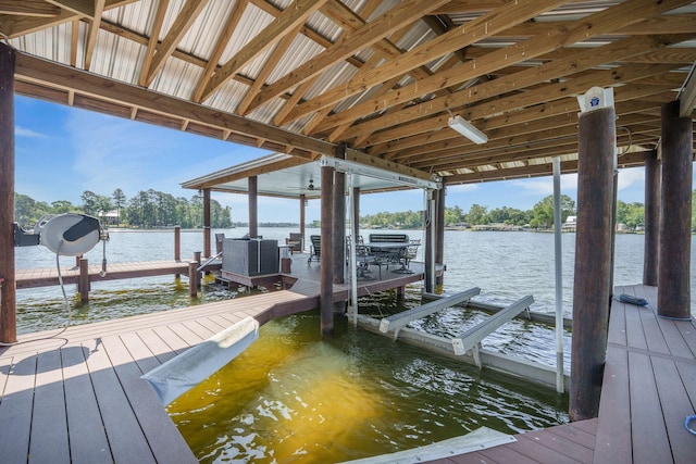 dock area featuring boat lift and a water view