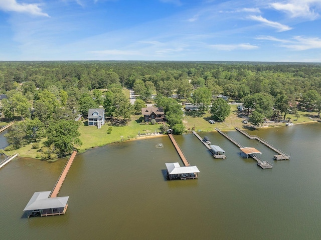 aerial view of a heavily wooded area and a nearby body of water