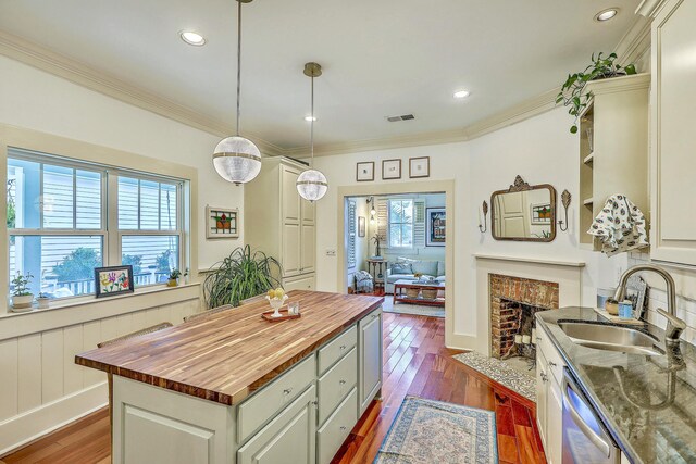 kitchen with dishwasher, dark wood-style floors, wooden counters, and a sink