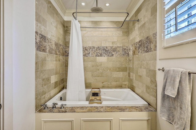 bathroom featuring ornamental molding and a combined bath / shower with rainfall shower