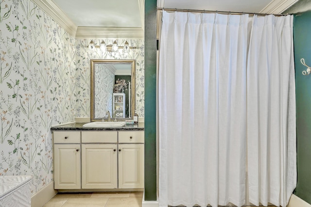 bathroom featuring ornamental molding, curtained shower, vanity, and wallpapered walls