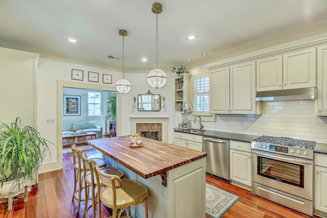 kitchen with wood counters, stainless steel appliances, under cabinet range hood, a fireplace, and a sink