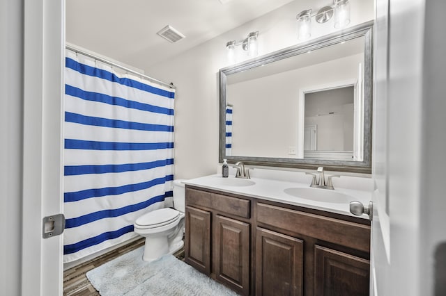 9009 Chato Ct, Summerville, SC 29483 - bathroom with double vanity, toilet, wood finished floors, and a shower with shower curtain