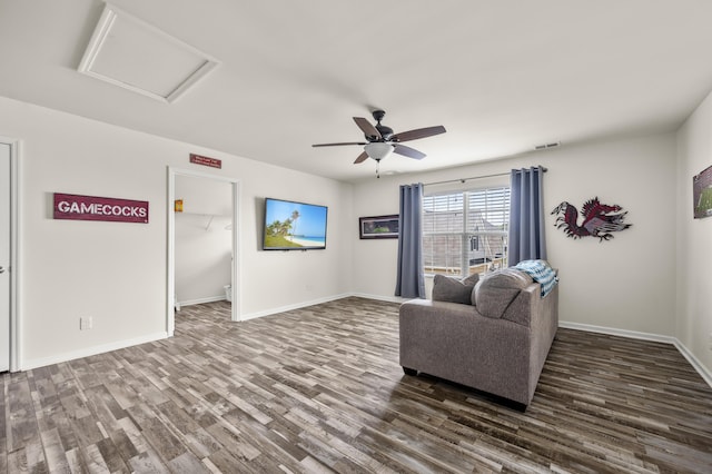 9009 Chato Ct, Summerville, SC 29483 - living area featuring wood finished floors, baseboards, attic access, and ceiling fan