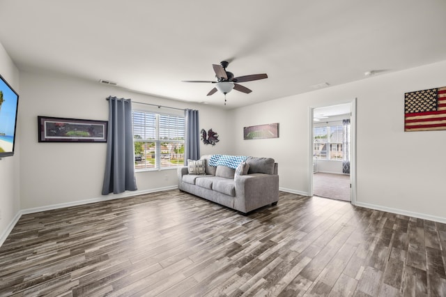 9009 Chato Ct, Summerville, SC 29483 - living room with dark wood finished floors, baseboards, and a ceiling fan