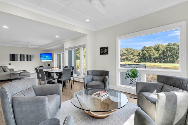 living room with ceiling fan, light hardwood / wood-style flooring, and plenty of natural light