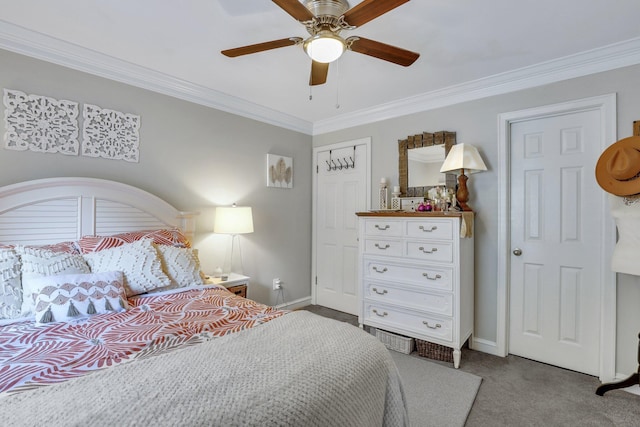 carpeted bedroom featuring crown molding and ceiling fan