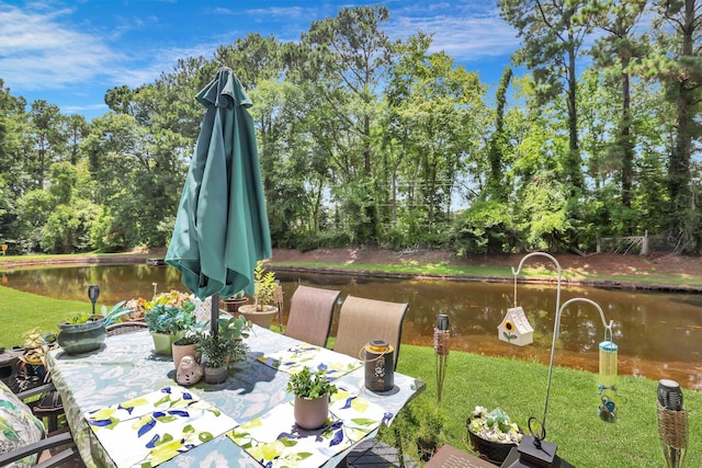 view of patio / terrace featuring a water view