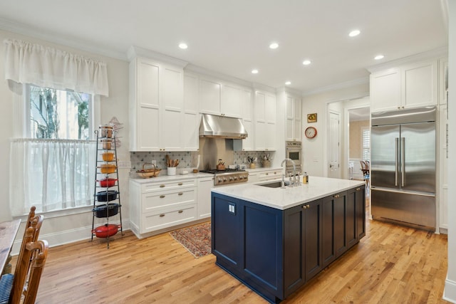 kitchen featuring stainless steel appliances, a sink, white cabinets, and under cabinet range hood