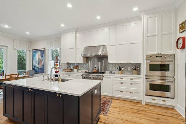 kitchen featuring under cabinet range hood, double oven, and white cabinets