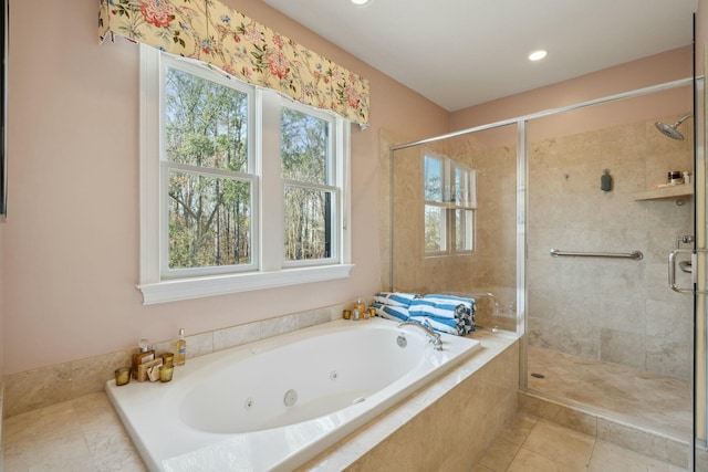 full bath featuring a jetted tub, a stall shower, tile patterned flooring, and recessed lighting