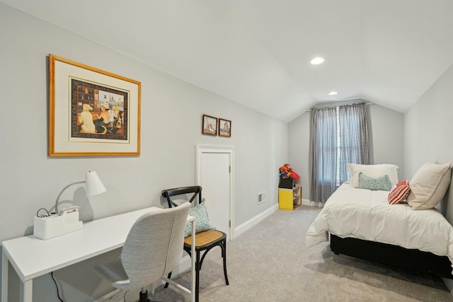 bedroom featuring recessed lighting, light colored carpet, visible vents, vaulted ceiling, and baseboards