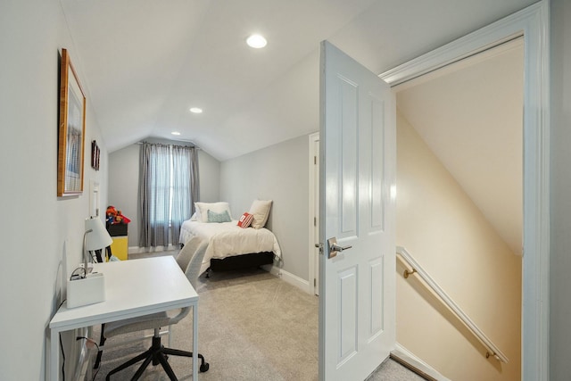 bedroom featuring recessed lighting, light carpet, vaulted ceiling, and baseboards