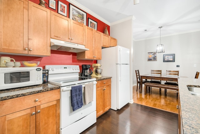 300 Bucksley Ln Unit 102, Charleston, SC 29492 - kitchen featuring under cabinet range hood, white appliances, crown molding, dark wood-style floors, and dark stone counters