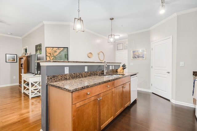 300 Bucksley Ln Unit 102, Charleston, SC 29492 - kitchen with dishwasher, dark wood-style floors, a sink, dark stone countertops, and crown molding