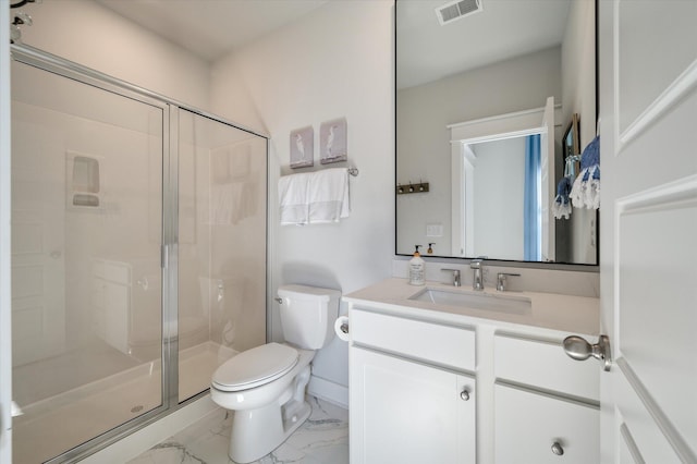 bathroom featuring visible vents, marble finish floor, toilet, a stall shower, and vanity