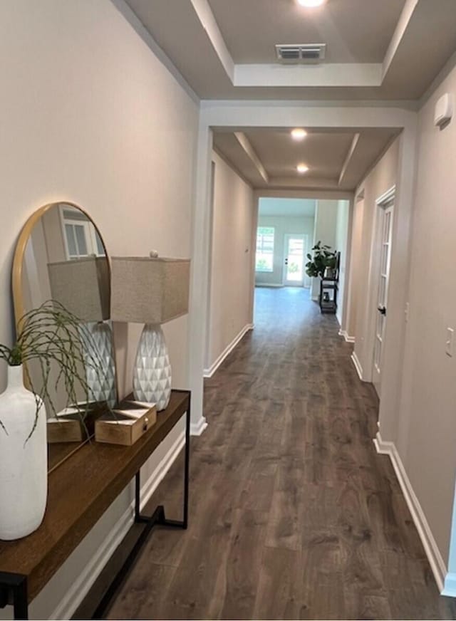 hall with dark hardwood / wood-style floors and a raised ceiling