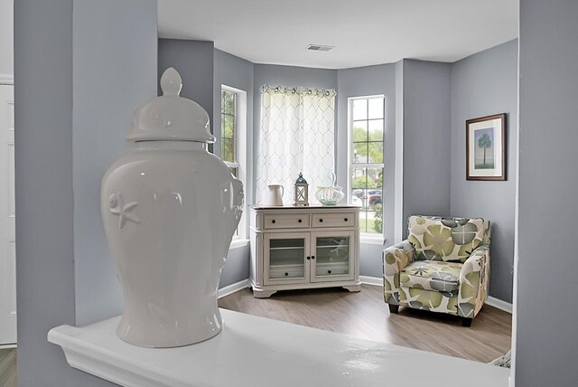 sitting room featuring wood finished floors, healthy amount of natural light, and baseboards