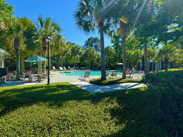 community pool with a yard and a patio area