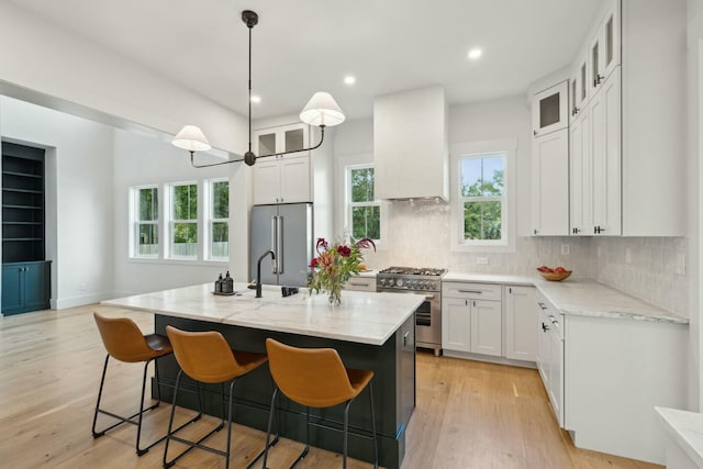 kitchen with backsplash, custom range hood, high end appliances, a kitchen island with sink, and white cabinets