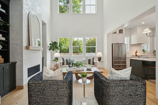 living area featuring a fireplace, a high ceiling, and light wood-type flooring