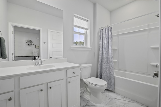 full bathroom featuring vanity, shower / tub combo with curtain, and toilet