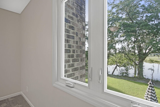 interior details featuring a water view and carpet flooring