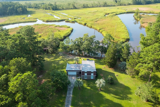 bird's eye view featuring a water view and a rural view