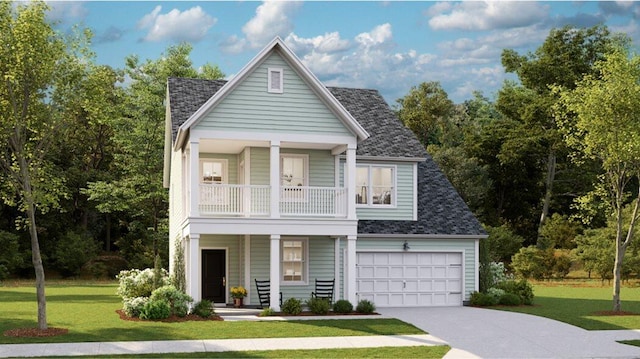 view of front of property featuring a shingled roof, a porch, a front yard, a balcony, and driveway