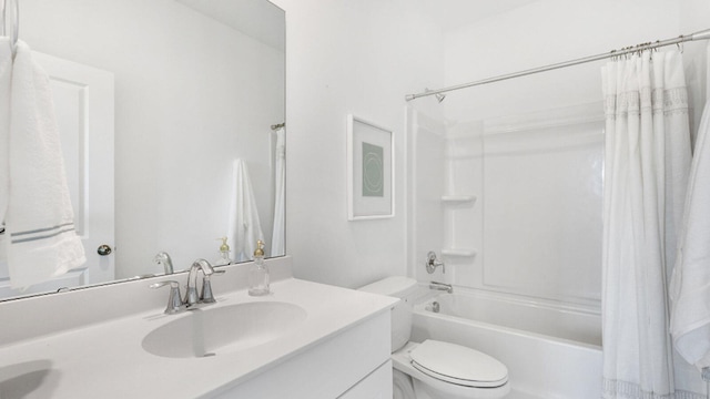 full bathroom with vanity, toilet, and shower / bathtub combination with curtain