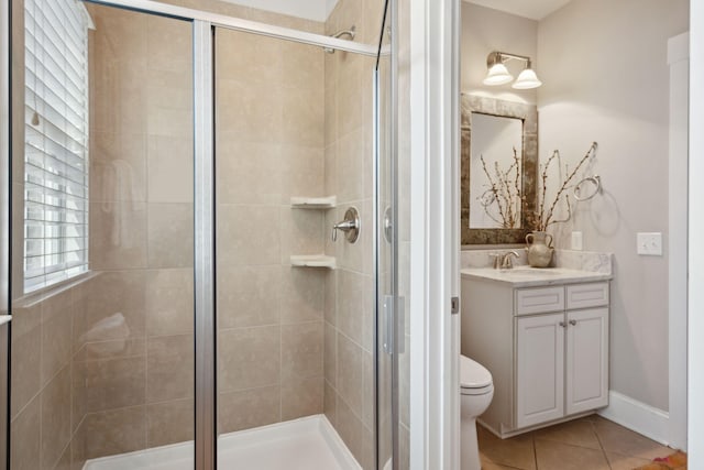 bathroom featuring vanity, a shower stall, toilet, and tile patterned floors