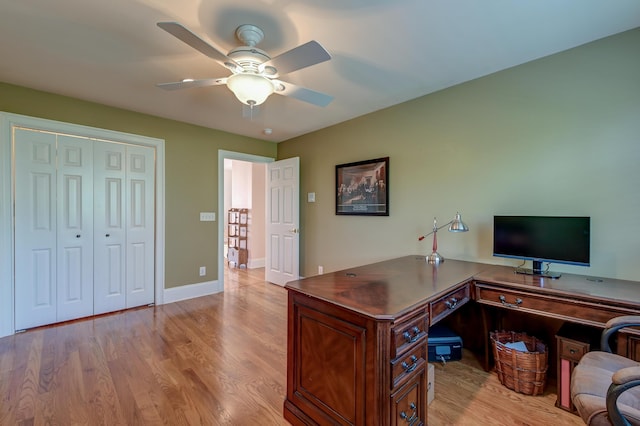 office space featuring ceiling fan and light wood-type flooring