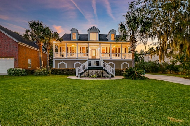 back house at dusk featuring covered porch and a lawn