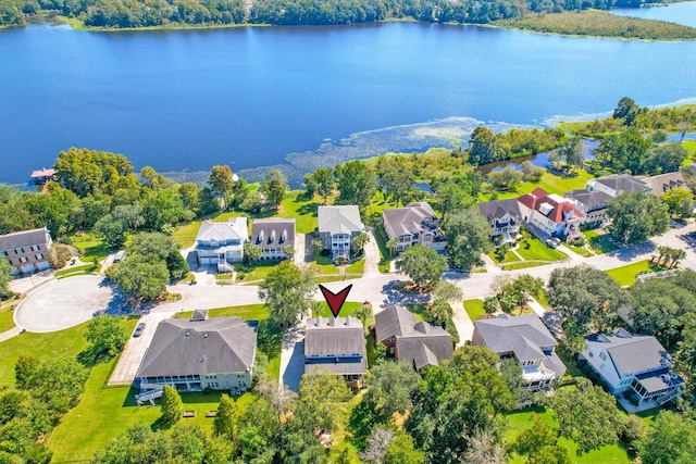 drone / aerial view featuring a water view