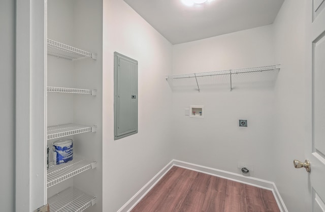 washroom with hookup for a washing machine, wood-type flooring, electric panel, and hookup for an electric dryer