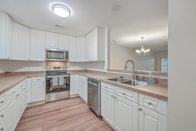 kitchen featuring white cabinets, decorative light fixtures, stainless steel appliances, an inviting chandelier, and sink