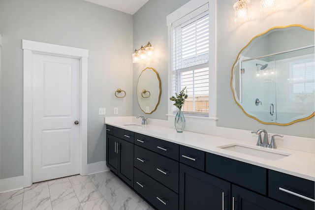 bathroom with vanity and walk in shower