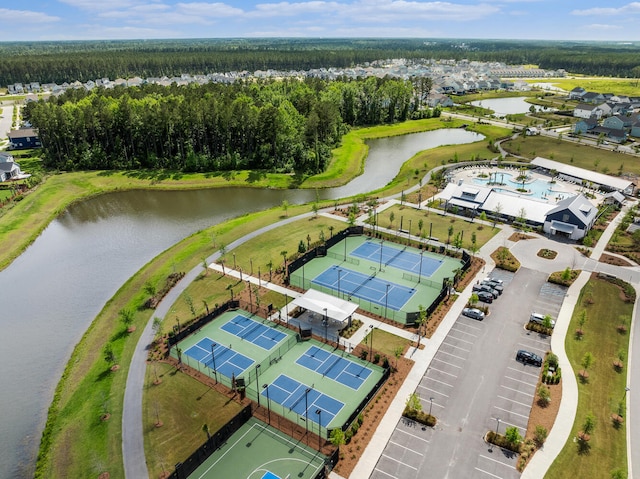 birds eye view of property featuring a water view