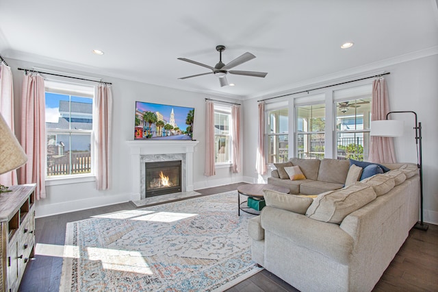 living room with baseboards, a premium fireplace, ornamental molding, dark wood-type flooring, and recessed lighting