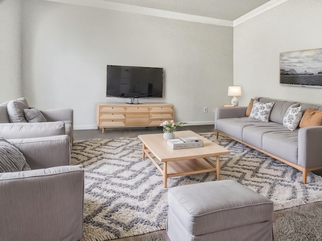 living room with ornamental molding