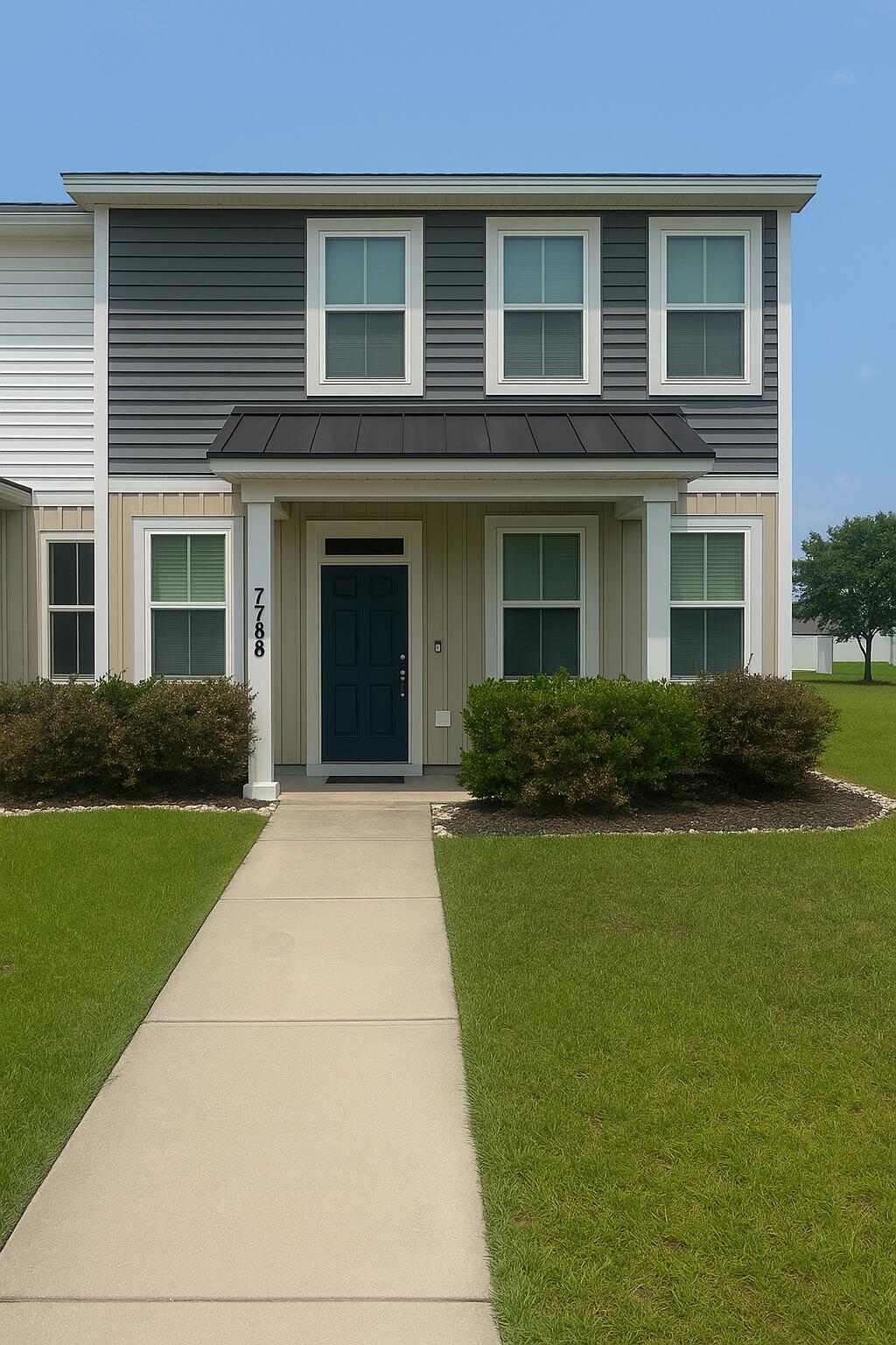 7788 Montview Rd, North Charleston, SC 29418 - view of front of house with board and batten siding, a standing seam roof, and a front lawn