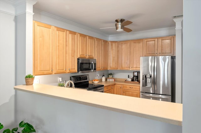 kitchen featuring light brown cabinetry, ceiling fan, light countertops, stainless steel appliances, and visible vents