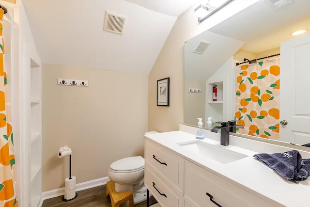 bathroom with hardwood / wood-style flooring, vanity, and toilet