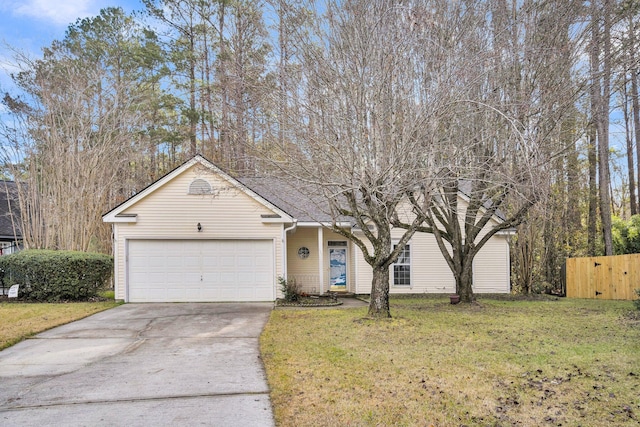 ranch-style house with a front yard and a garage