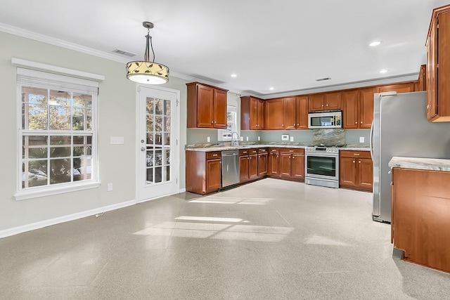 319 Deep River Rd, Summerville, SC 29486 - kitchen with backsplash, ornamental molding, stainless steel appliances, sink, and pendant lighting