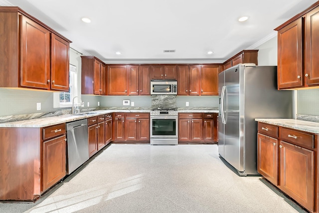 319 Deep River Rd, Summerville, SC 29486 - kitchen featuring crown molding, sink, stainless steel appliances, and light stone counters