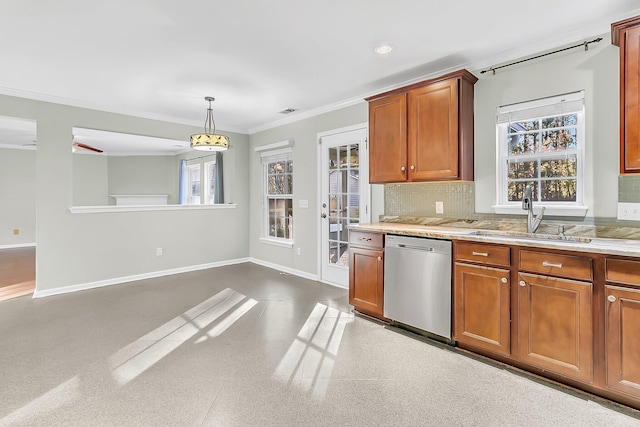 319 Deep River Rd, Summerville, SC 29486 - kitchen with decorative backsplash, stainless steel dishwasher, crown molding, sink, and hanging light fixtures