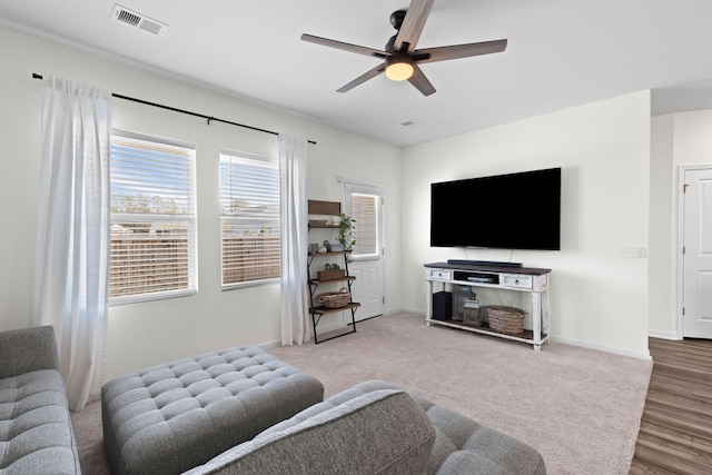 living room featuring ceiling fan and wood-type flooring