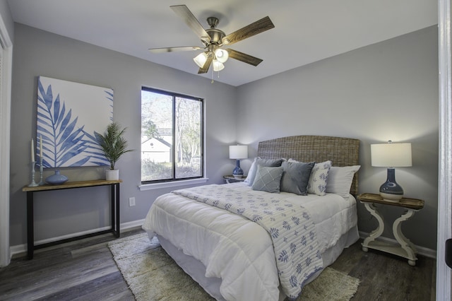 bedroom featuring ceiling fan and dark wood-type flooring