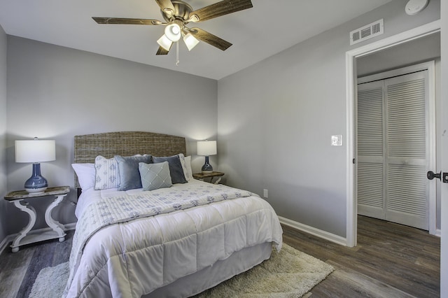 bedroom with ceiling fan, dark hardwood / wood-style flooring, and a closet